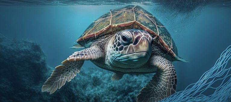 Schildkröte im Meer mit Fischernetz und Licht.